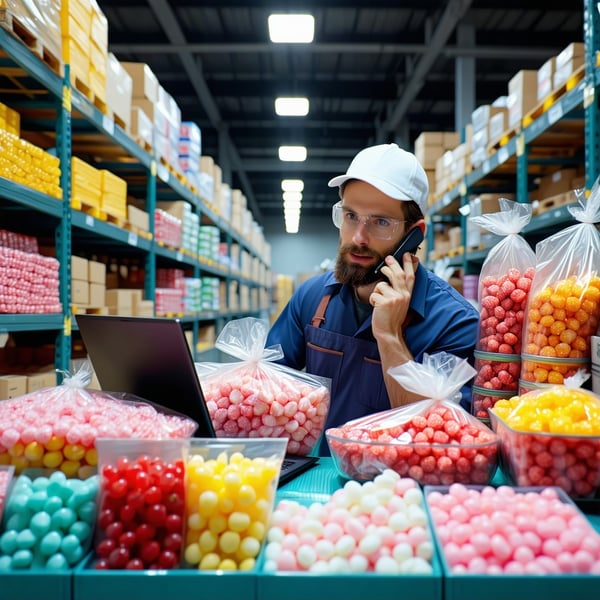 candy manufacturer on the phone looking at a computer screen in a warehouse-Jul-30-2025-12-10-17-3868-AM candy manufacturer on the phone looking at a computer screen in a warehouse-Jul-30-2025-12-10-17-3868-AM