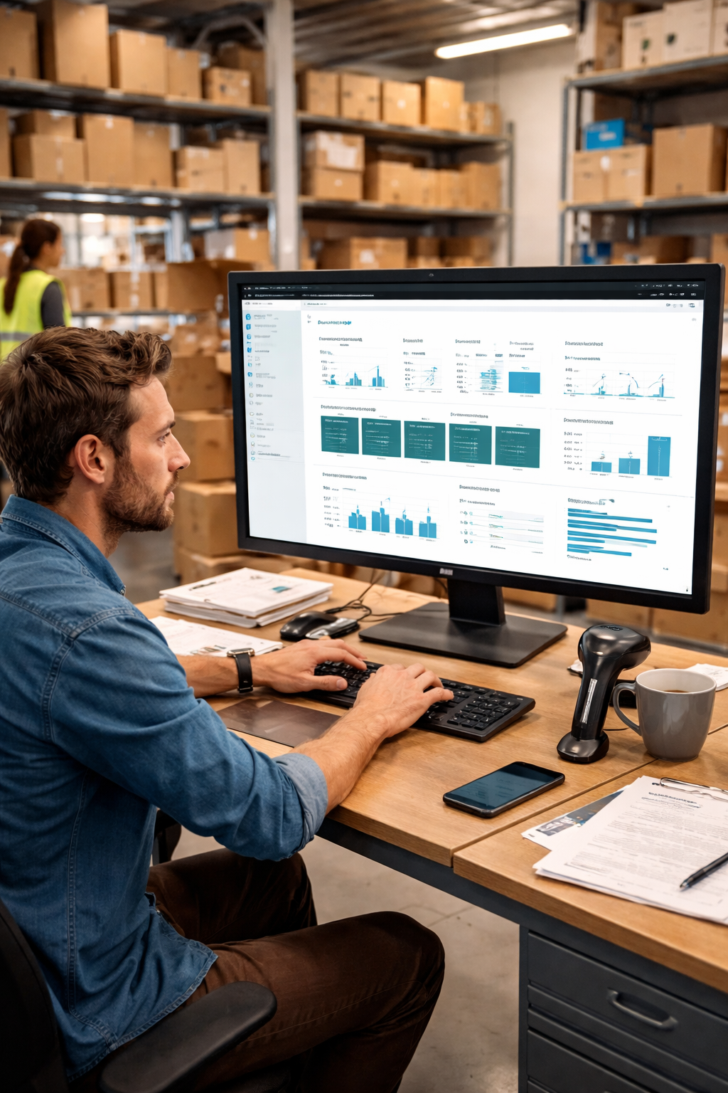 microsoft business central erp system someone working on a computer in a small warehouse-3 microsoft business central erp system someone working on a computer in a small warehouse-3