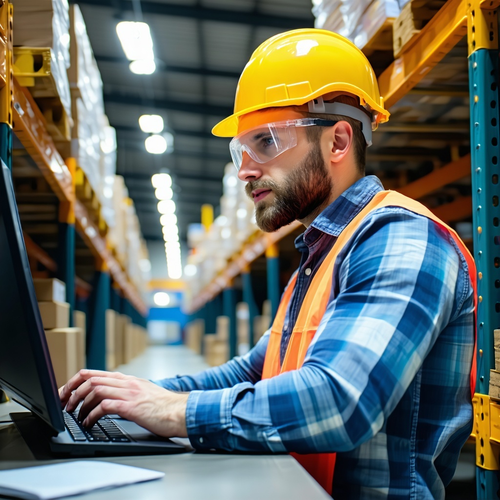 typical man working in warehouse on computer with hardhat-3