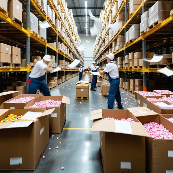 workers with papers flying around boxes filled with candy in a warehouse-1
